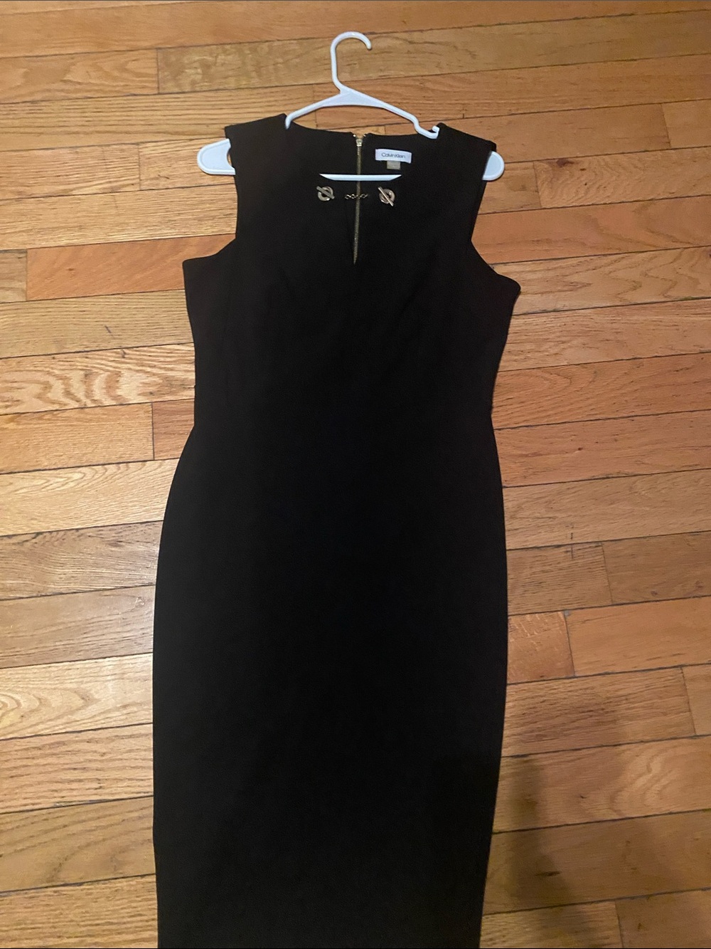 Calvin Klein Black Midi Sheath Dress with Gold Zip Detail